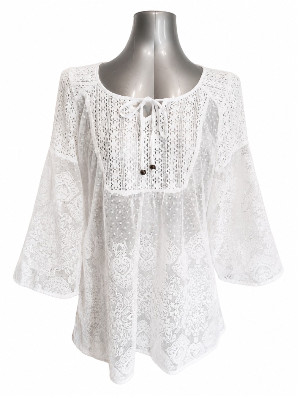 Figueroa & Flower Sheer Lace Boho Tunic Top Blouse Large EUC